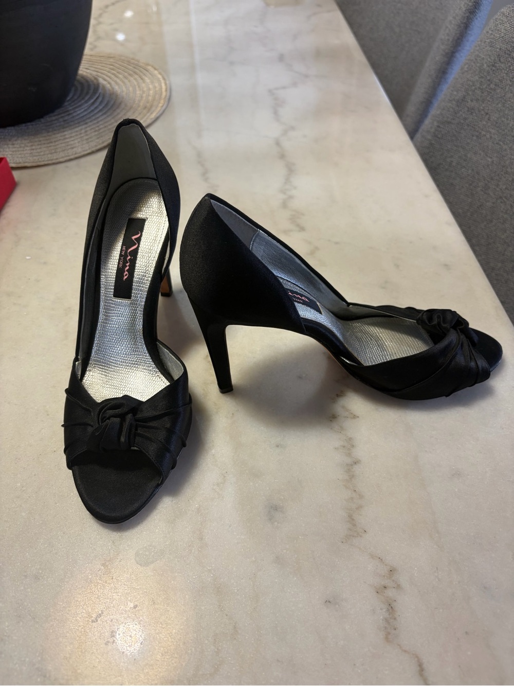 Nina Black Satin Peep-Toe Heels with Knotted Bow